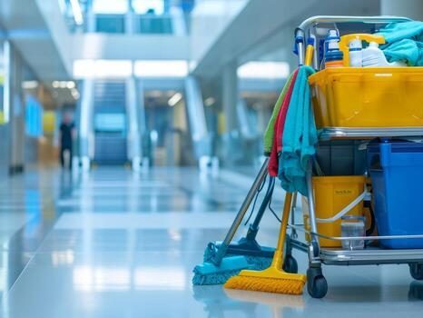 Cleaning and building services equipment in a commercial building corridor