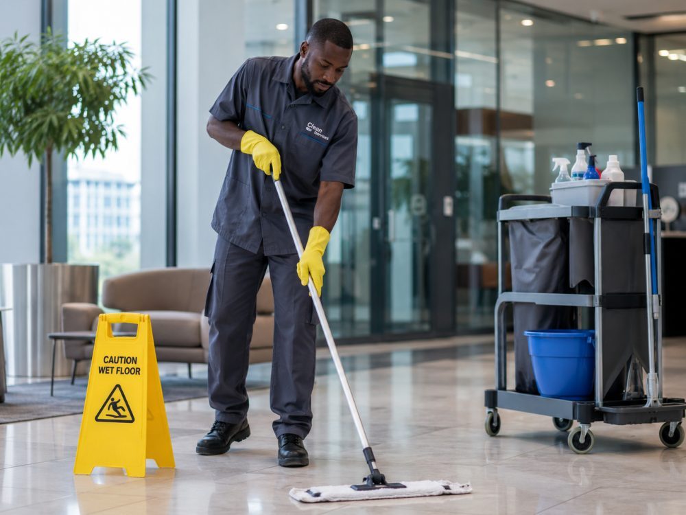 Cleaning operative mopping the floor of a commercial office lobby, with a cleaning trolley and a wet floor sign in place